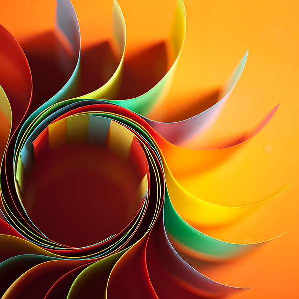 macro image of colorful curved sheets of paper shaped like a flower, on orange background