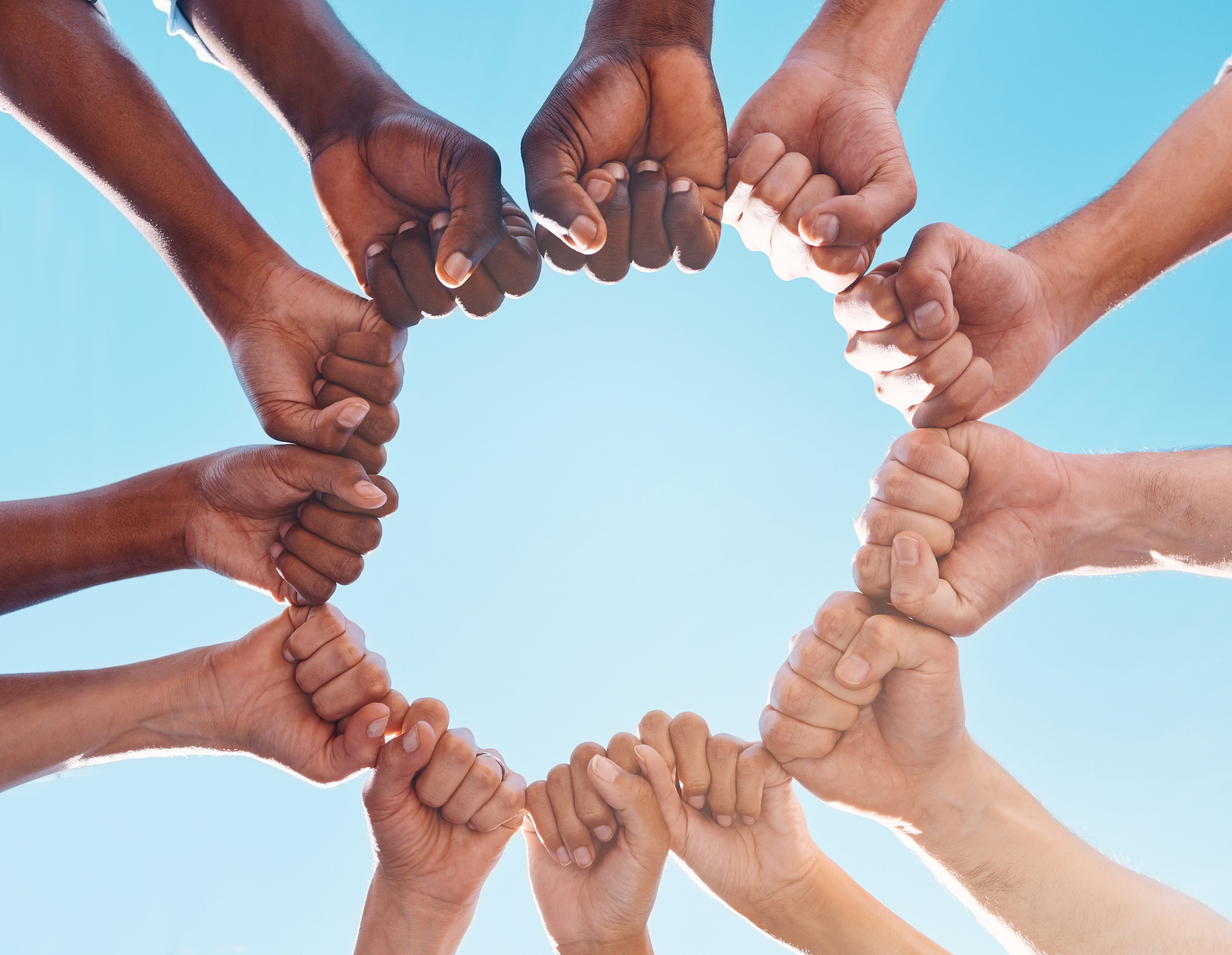 Fist hands, circle and diversity support human rights people, protest group and freedom of racism o.