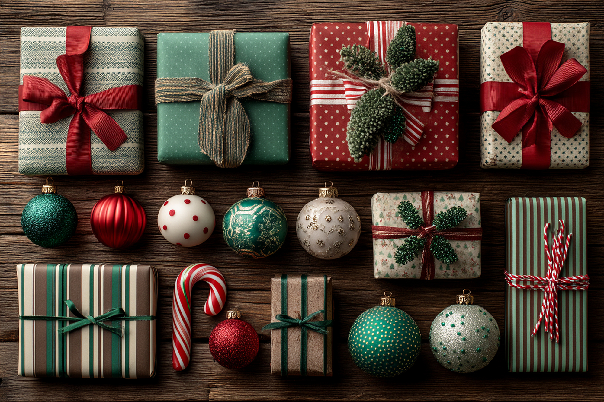 christmas gift flat lay-Festive Christmas gifts and ornaments arranged on a rustic wooden surface.