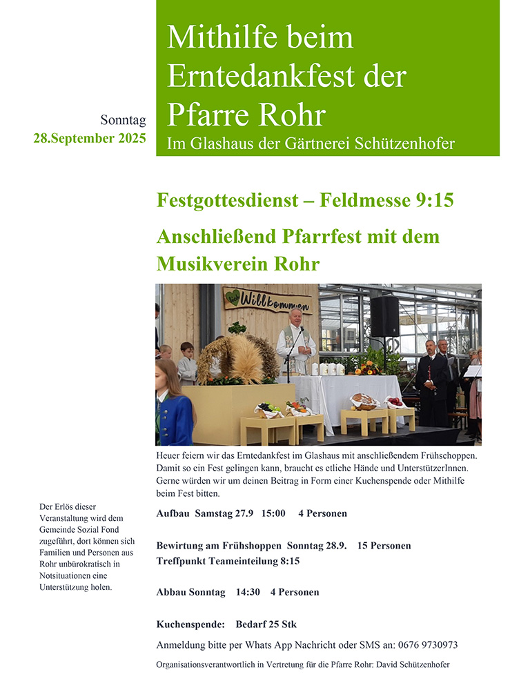 Bitte um Mithilfe beim Erntedankfest der Pfarre Rohr